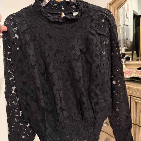 Black Ruffled Long Sleeve Blouse with Mandarin Collar - Picture 3 of 9
